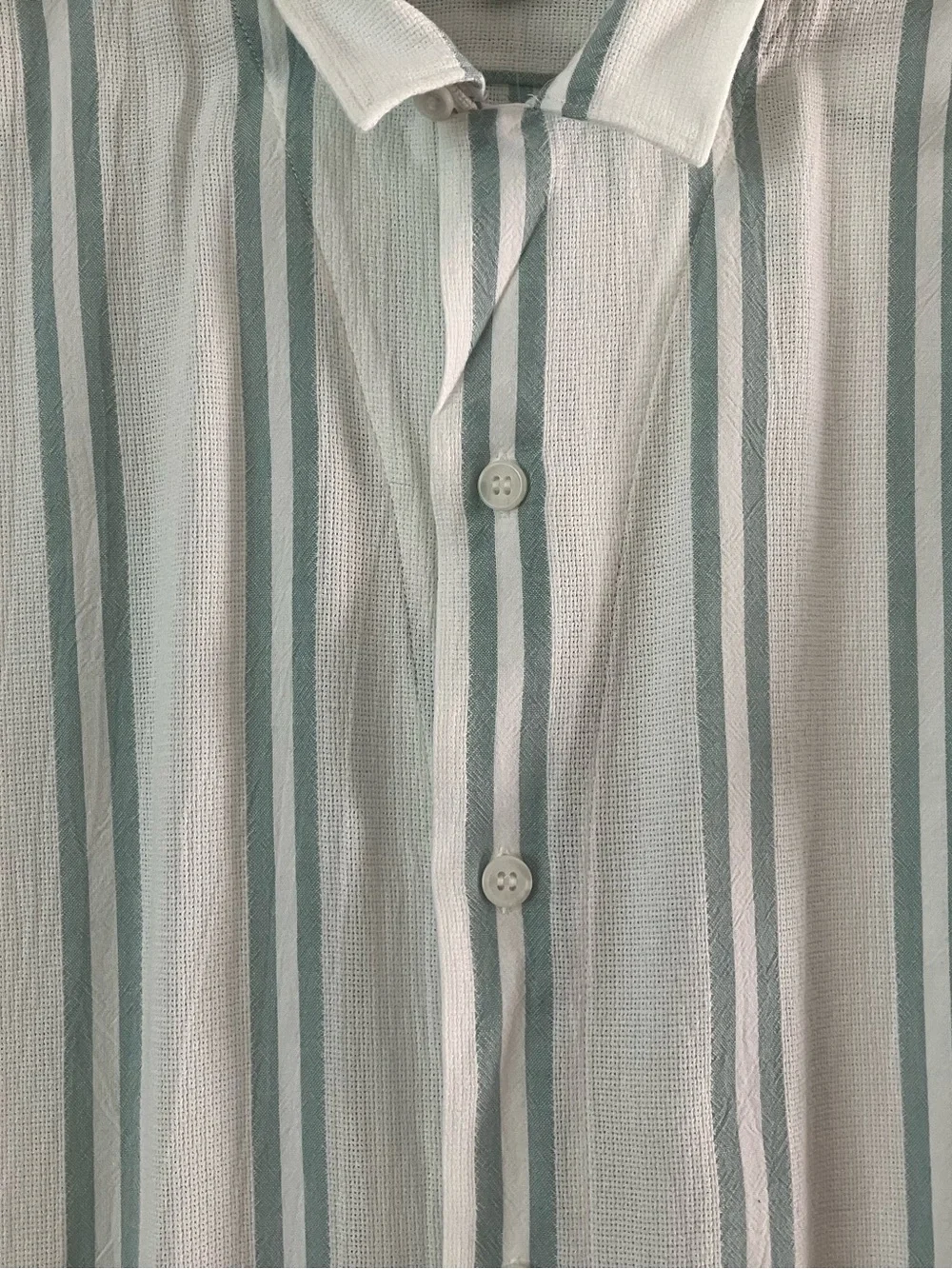 Banana Republic Light Green and White Vertical Stripe Short-Sleeve Shirt